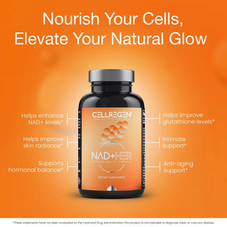 CELLREGEN NAD+HER® supplement bottle with benefits: enhance NAD+ levels, improve glutathione, skin radiance, hormonal balance, intimate and anti-aging support.